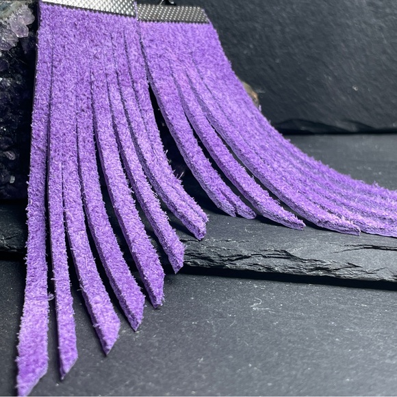 Genuine Suede In Deep Purple Hand Cut Fringe Boho Earrings - Picture 5 of 14